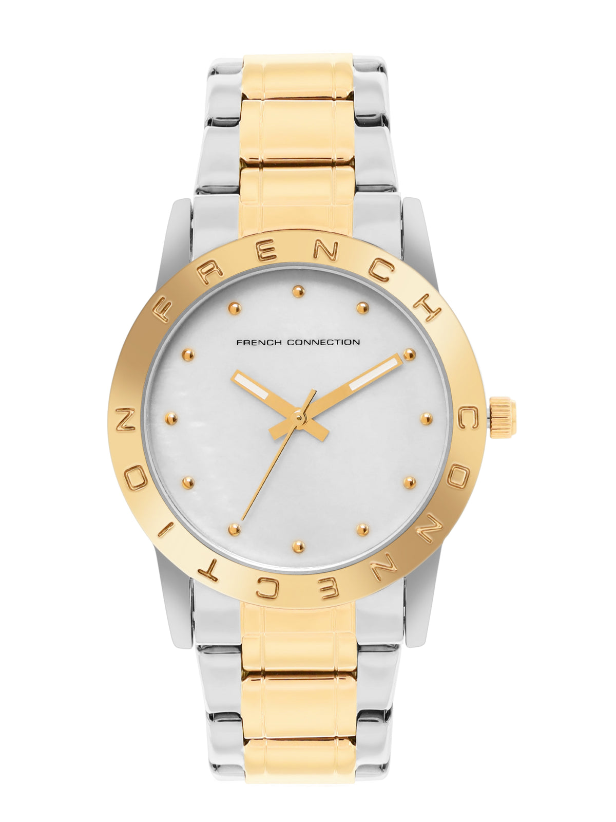 French Connection Mop White Round Dial With Gold Two Tone Stainless Steel Strap Watch - For Womens FCU8TM