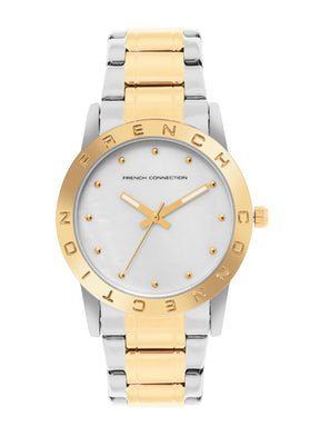 French Connection Mop White Round Dial With Gold Two Tone Stainless Steel Strap Watch - For Womens FCU8TM