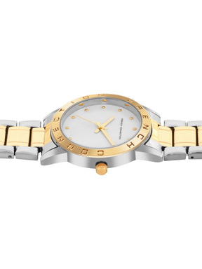French Connection Mop White Round Dial With Gold Two Tone Stainless Steel Strap Watch - For Womens FCU8TM