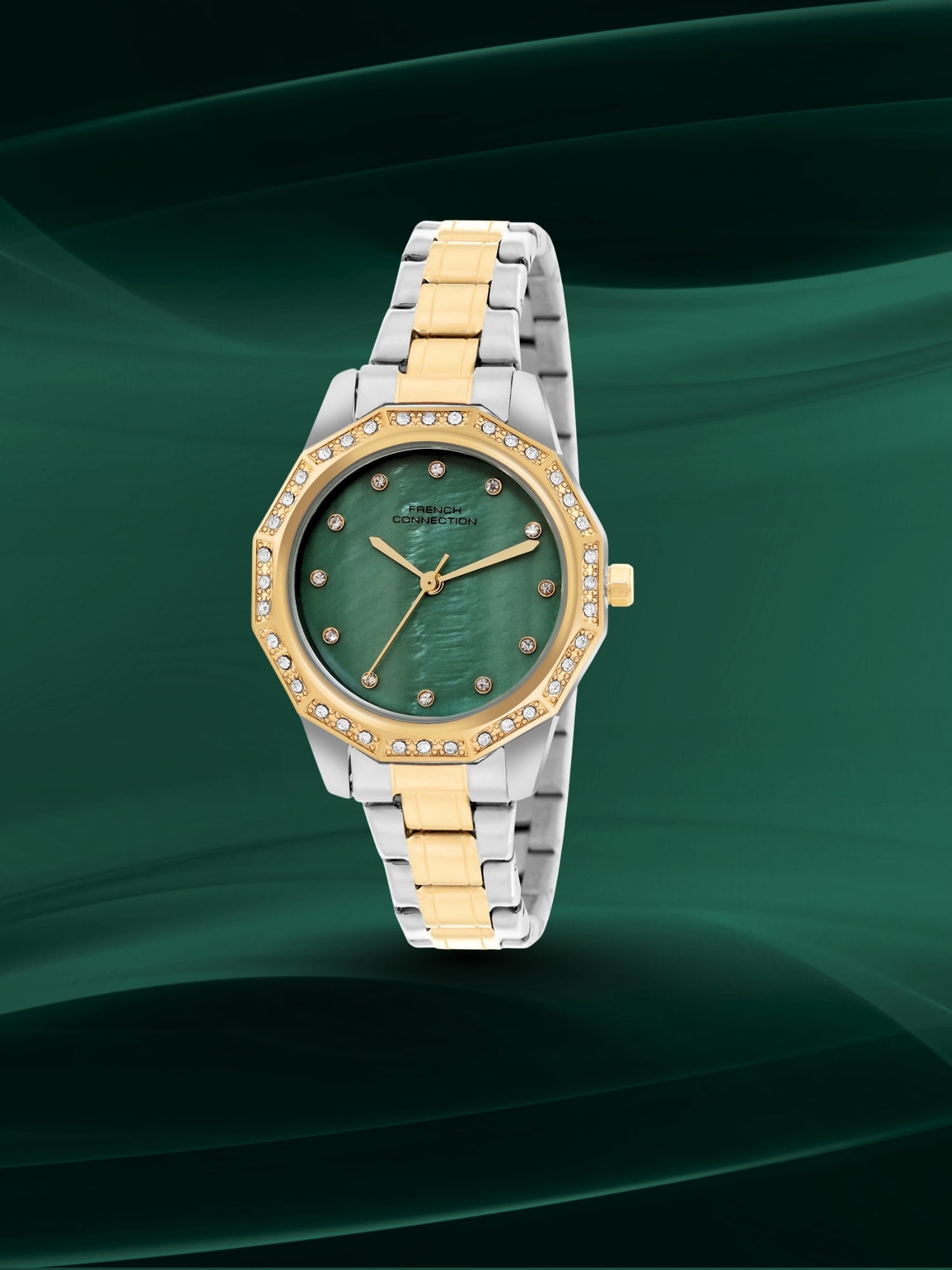 French Connection Mop Green Round Dial With Gold Two Tone Stainless Steel Strap Watch - For Womens FCU9NTM