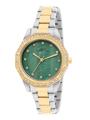 French Connection Mop Green Round Dial With Gold Two Tone Stainless Steel Strap Watch - For Womens FCU9NTM
