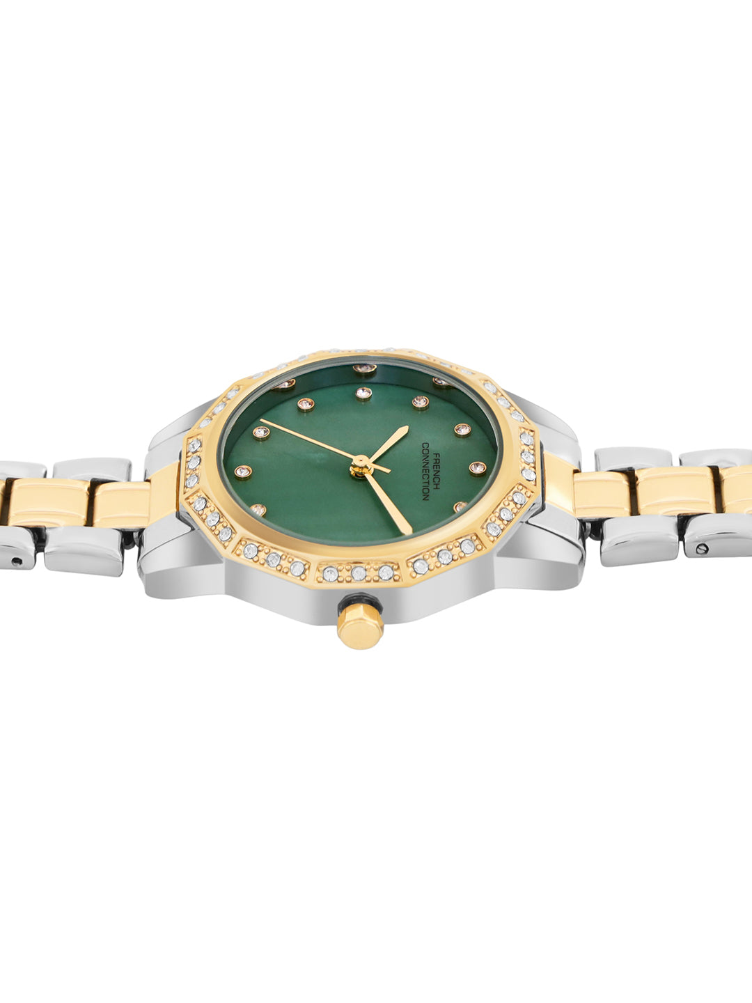 French Connection Mop Green Round Dial With Gold Two Tone Stainless Steel Strap Watch - For Womens FCU9NTM
