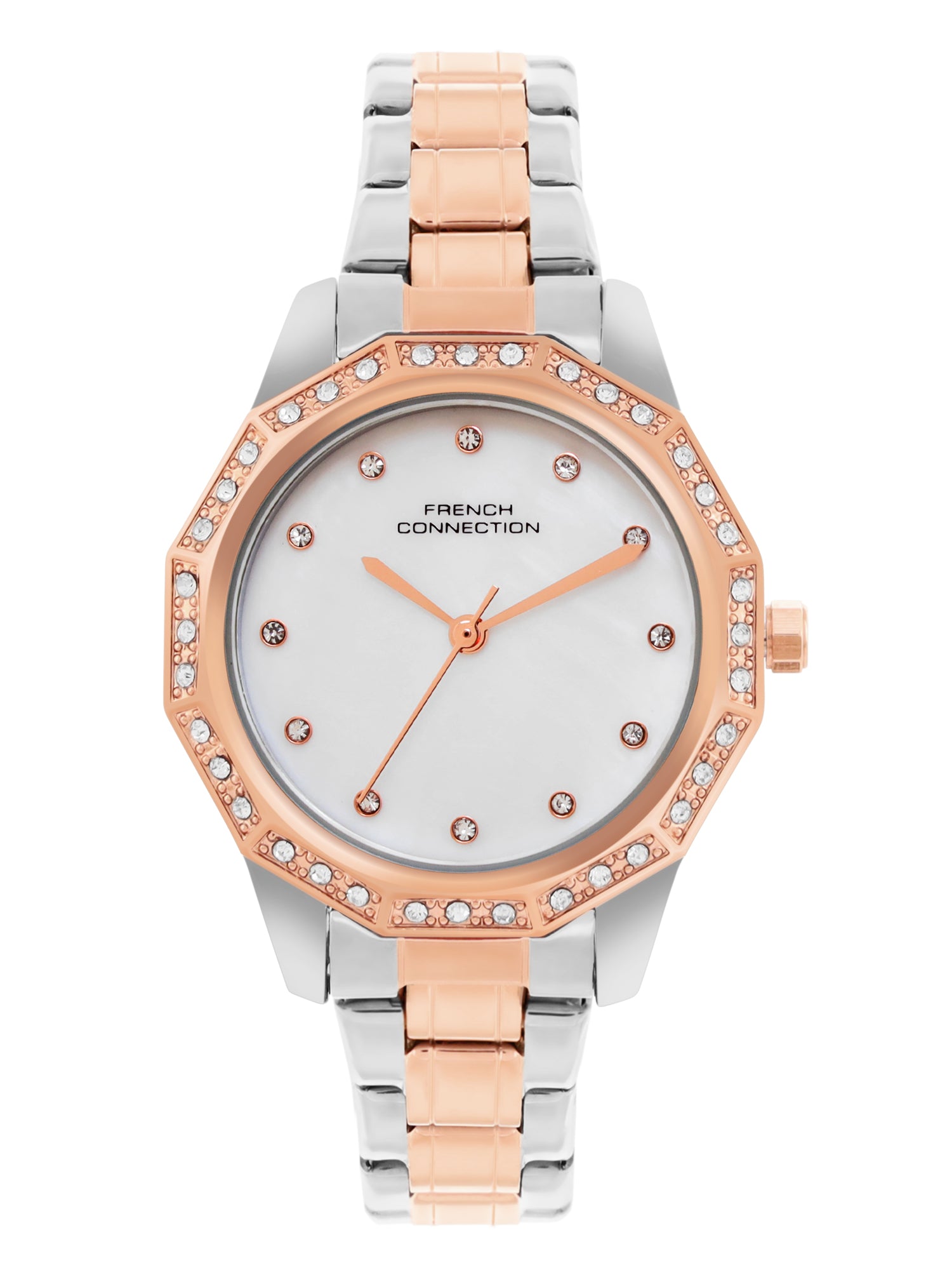 French Connection Mop White Round Dial With Rose Two Tone Stainless Steel Strap Watch - For Womens FCU9RTM