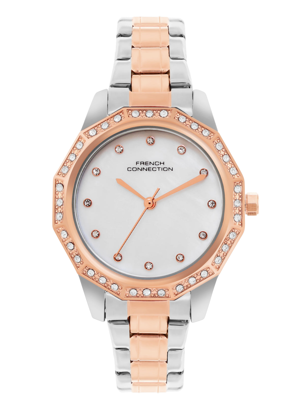 French Connection Mop White Round Dial With Rose Two Tone Stainless Steel Strap Watch - For Womens FCU9RTM