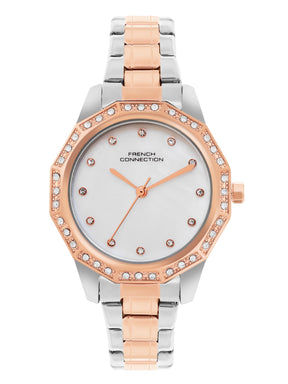 French Connection Mop White Round Dial With Rose Two Tone Stainless Steel Strap Watch - For Womens FCU9RTM