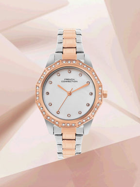 French Connection Mop White Round Dial With Rose Two Tone Stainless Steel Strap Watch - For Womens FCU9RTM
