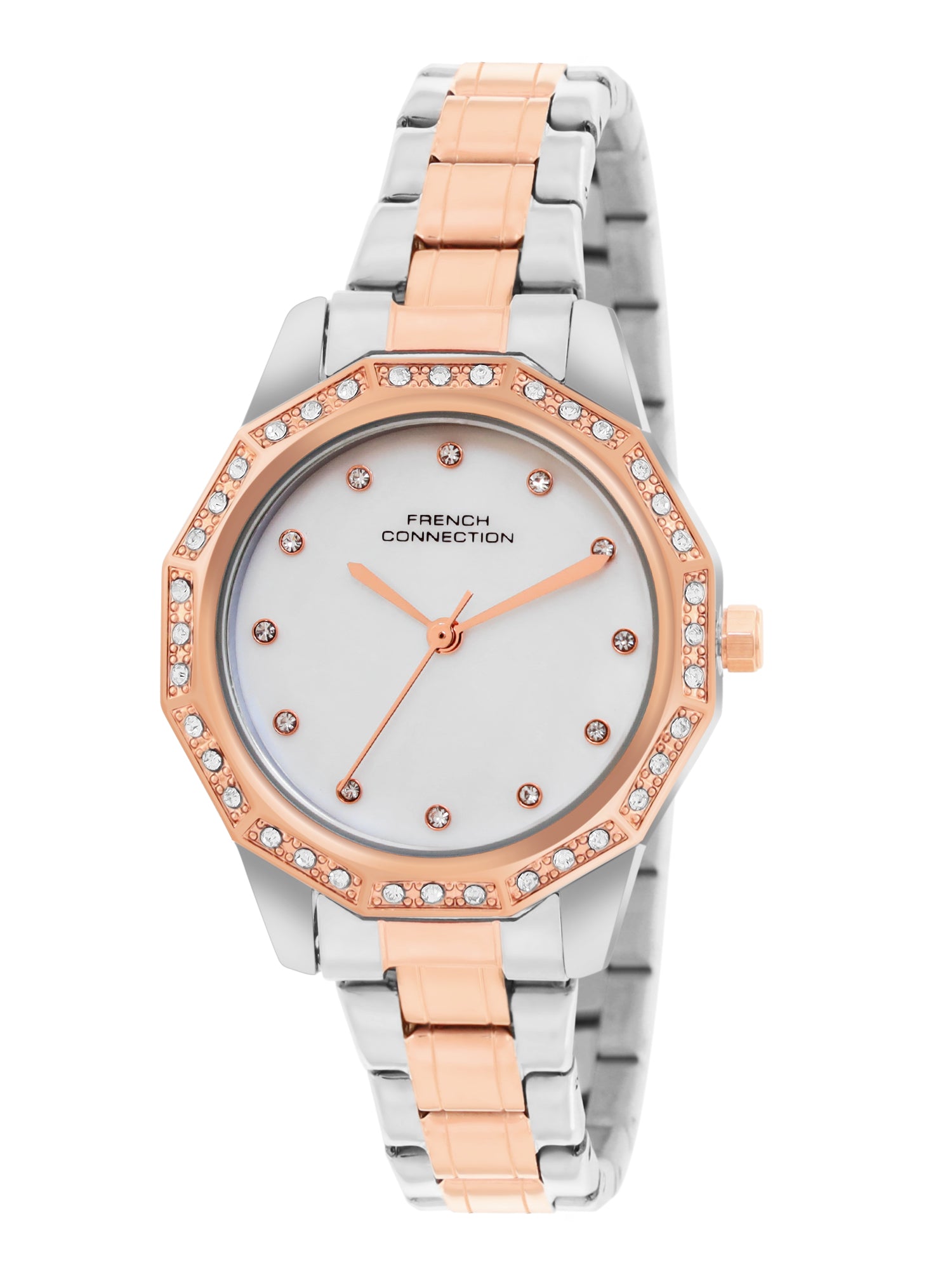 French Connection Mop White Round Dial With Rose Two Tone Stainless Steel Strap Watch - For Womens FCU9RTM