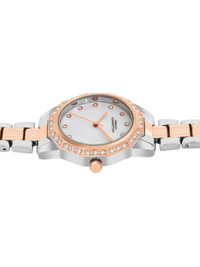 French Connection Mop White Round Dial With Rose Two Tone Stainless Steel Strap Watch - For Womens FCU9RTM