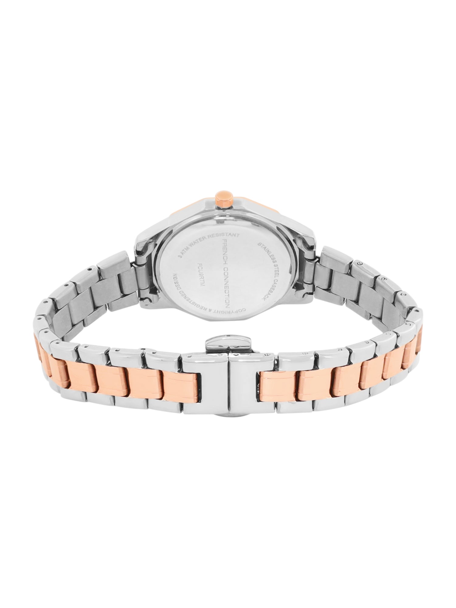 French Connection Mop White Round Dial With Rose Two Tone Stainless Steel Strap Watch - For Womens FCU9RTM