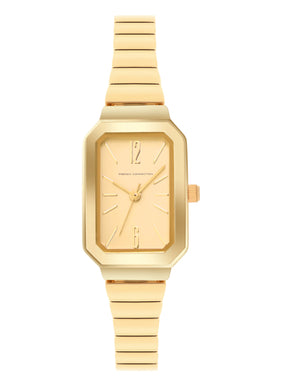 French Connection Simple Champagne Rectangle Dial With  Gold Alloy Strap Watch - For Ladies Gift Set FCW18GM