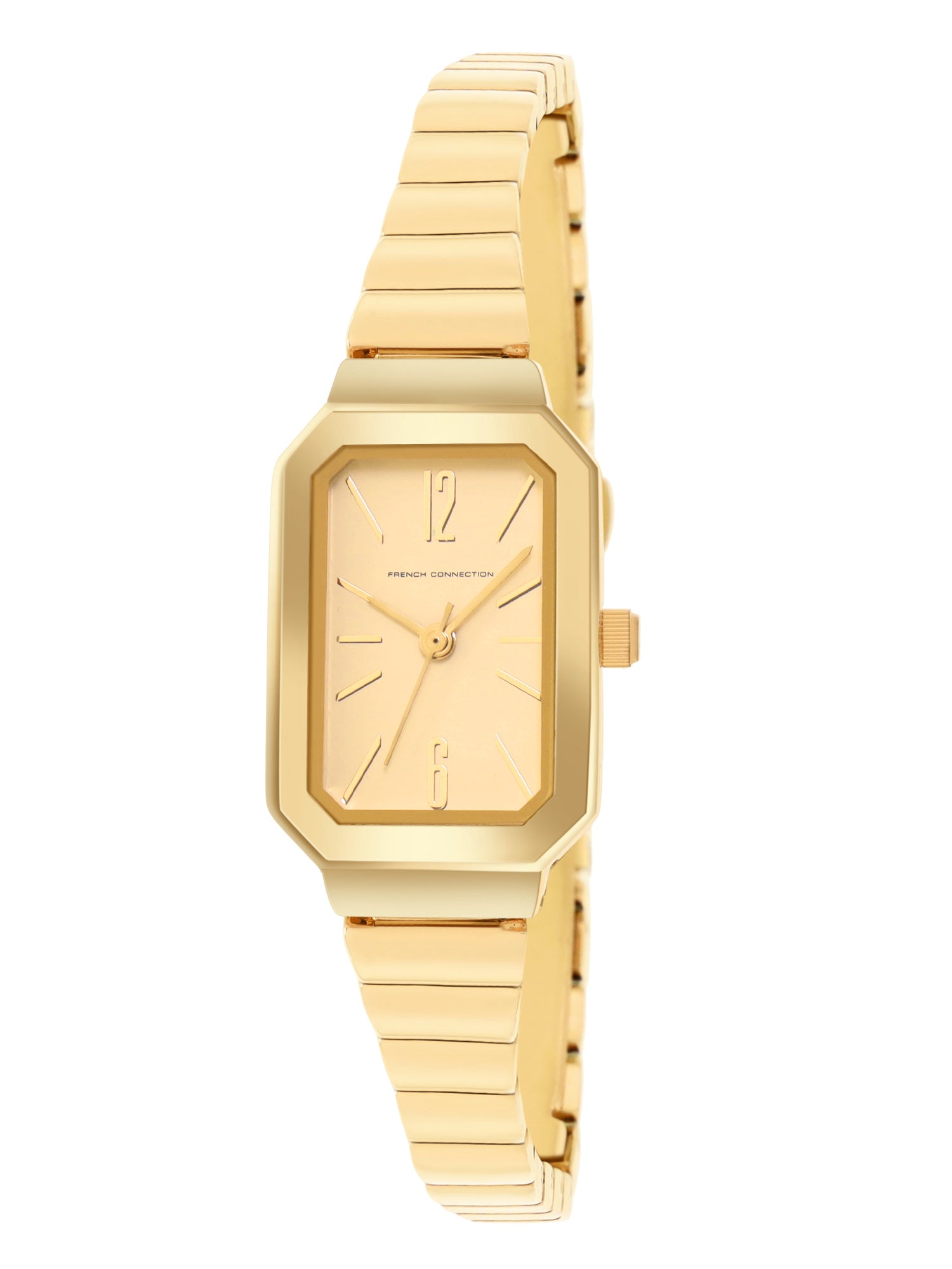 French Connection Simple Champagne Rectangle Dial With  Gold Alloy Strap Watch - For Ladies Gift Set FCW18GM
