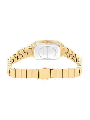 French Connection Simple Champagne Rectangle Dial With  Gold Alloy Strap Watch - For Ladies Gift Set FCW18GM