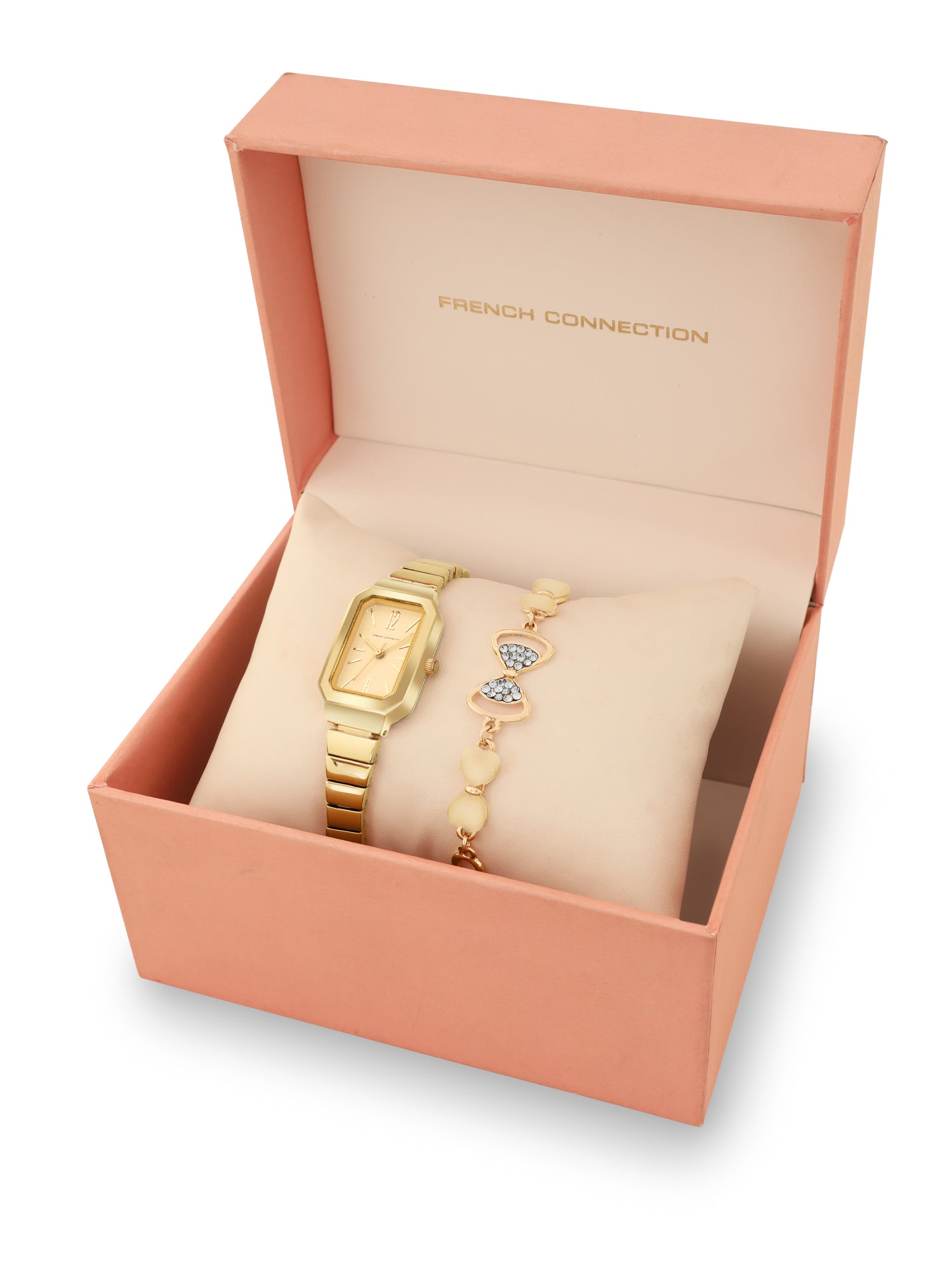 French Connection Simple Champagne Rectangle Dial With  Gold Alloy Strap Watch - For Ladies Gift Set FCW18GM