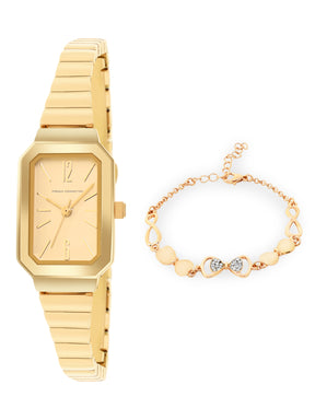 French Connection Simple Champagne Rectangle Dial With  Gold Alloy Strap Watch - For Ladies Gift Set FCW18GM