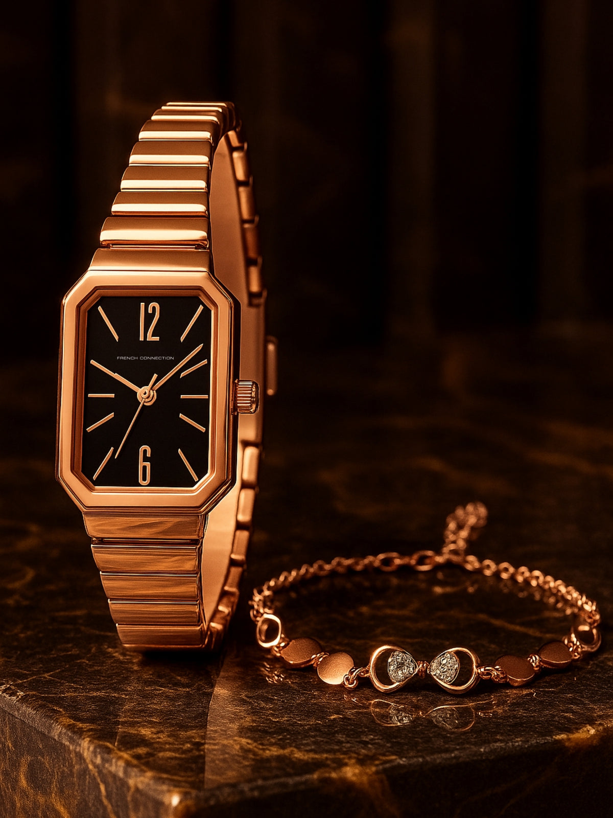 French Connection Simple Rosegold Rectangle Dial With Rose Alloy Strap Watch - For Ladies Gift Set FCW18RGM