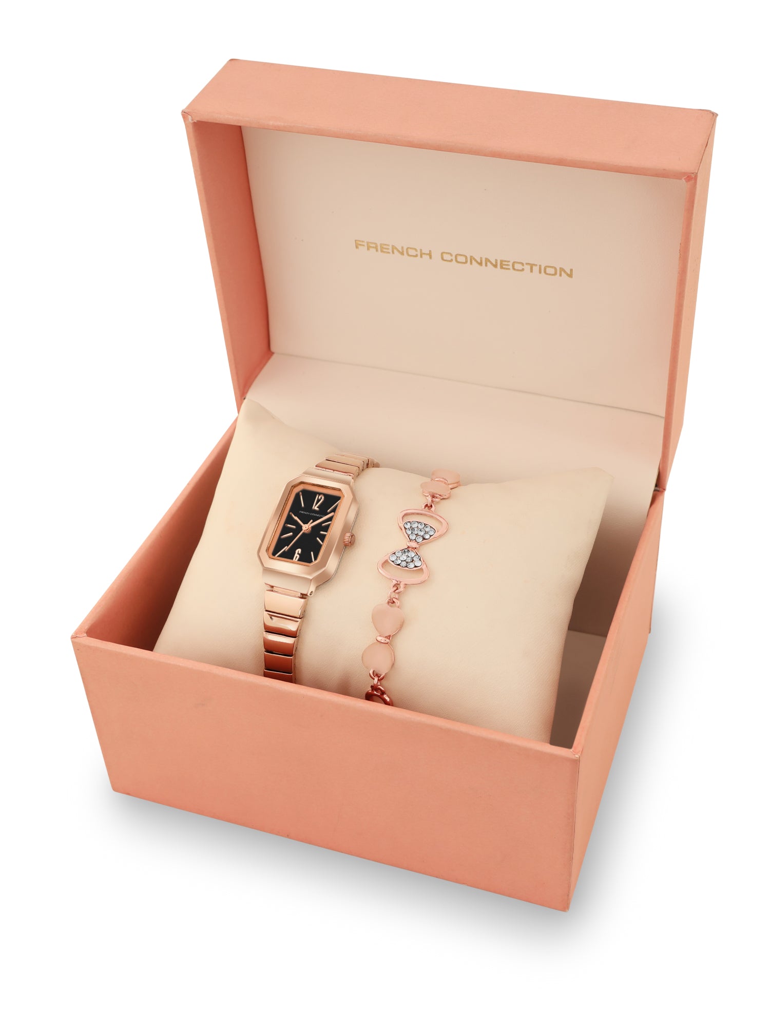 French Connection Simple Black Rectangle Dial With Rose Alloy Strap Watch - For Ladies Gift Set FCW18RGM-B