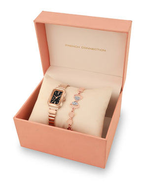 French Connection Simple Rosegold Rectangle Dial With Rose Alloy Strap Watch - For Ladies Gift Set FCW18RGM