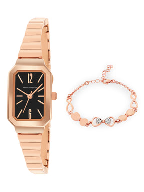 French Connection Simple Rosegold Rectangle Dial With Rose Alloy Strap Watch - For Ladies Gift Set FCW18RGM