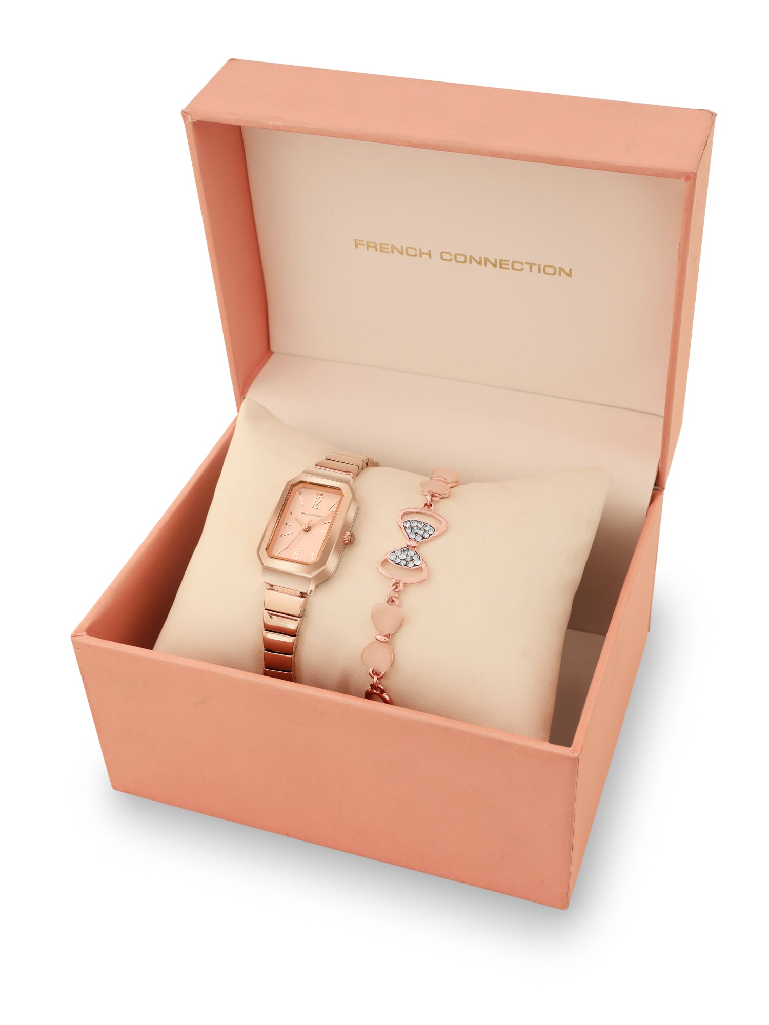 French Connection Simple Rosegold Rectangle Dial With Rose Alloy Strap Watch - For Ladies Gift Set FCW18RGM