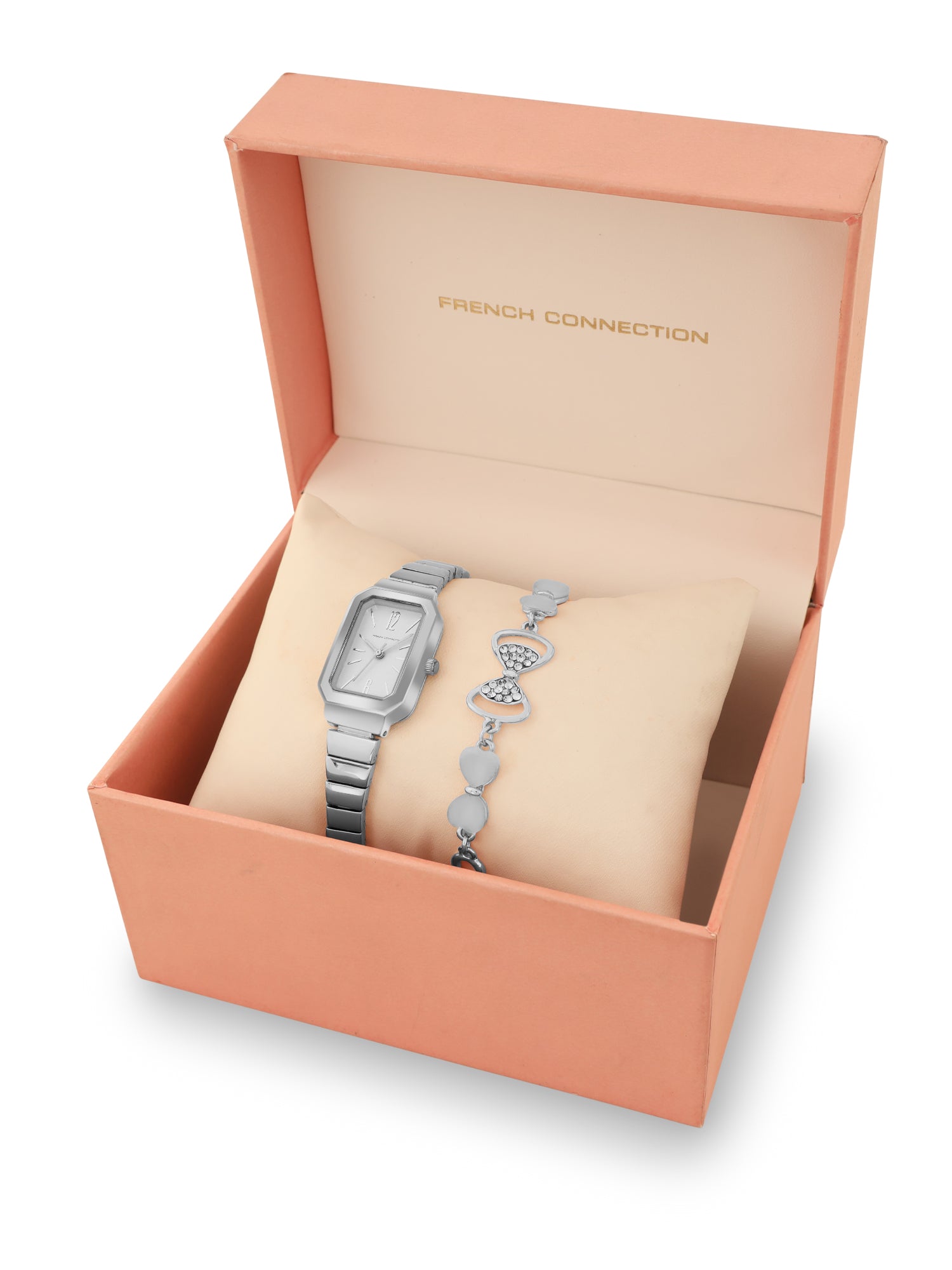 French Connection Simple White Rectangle Dial With  Steel Alloy Strap Watch - For Ladies Gift Set FCW18SM