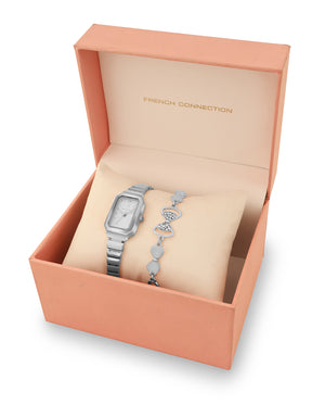 French Connection Simple White Rectangle Dial With  Steel Alloy Strap Watch - For Ladies Gift Set FCW18SM