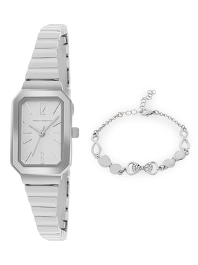 French Connection Simple White Rectangle Dial With  Steel Alloy Strap Watch - For Ladies Gift Set FCW18SM