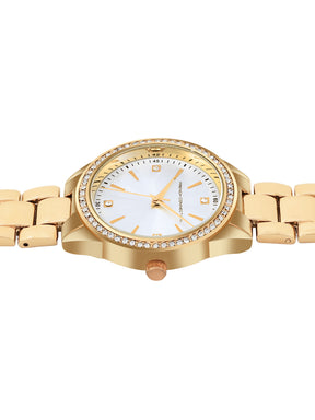 French Connection Sunray Champagne Round Dial With  Gold Alloy Strap Watch - For Ladies Gift Set FCW19GM