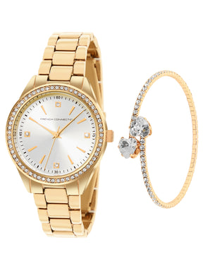 French Connection Sunray Champagne Round Dial With  Gold Alloy Strap Watch - For Ladies Gift Set FCW19GM