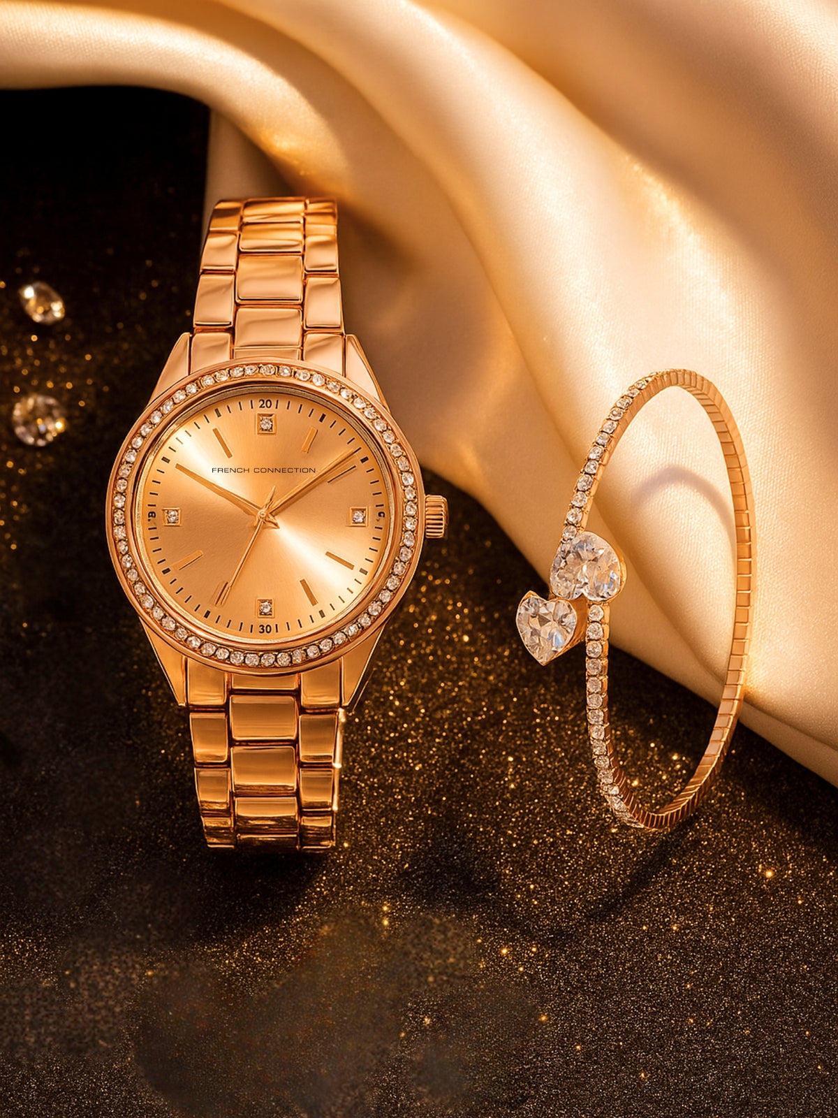 French Connection Sunray Rosegold Round Dial With Rose Alloy Strap Watch - For Ladies Gift Set FCW19RGM-R