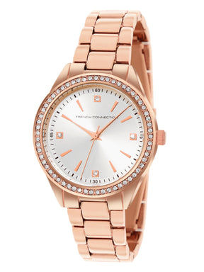 French Connection Sunray Silver Round Dial With Rose Alloy Strap Watch - For Ladies Gift Set FCW19RGM