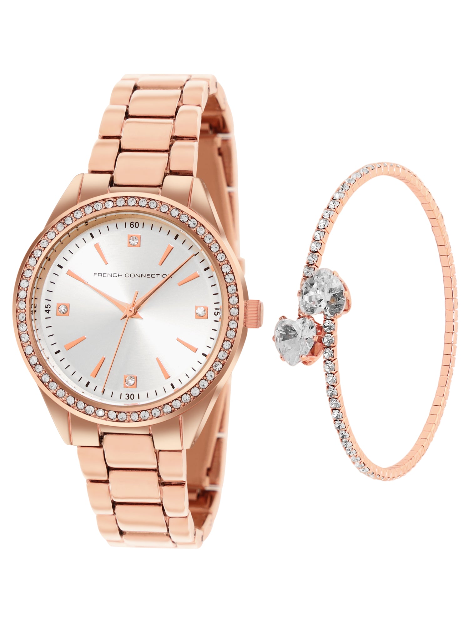 French Connection Sunray Silver Round Dial With Rose Alloy Strap Watch - For Ladies Gift Set FCW19RGM