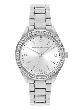 French Connection Sunray Silver Round Dial With  Steel Alloy Strap Watch - For Ladies Gift Set FCW19SM