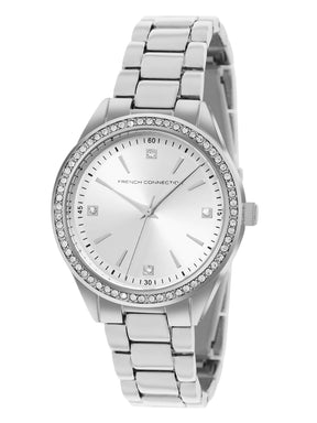 French Connection Sunray Silver Round Dial With  Steel Alloy Strap Watch - For Ladies Gift Set FCW19SM