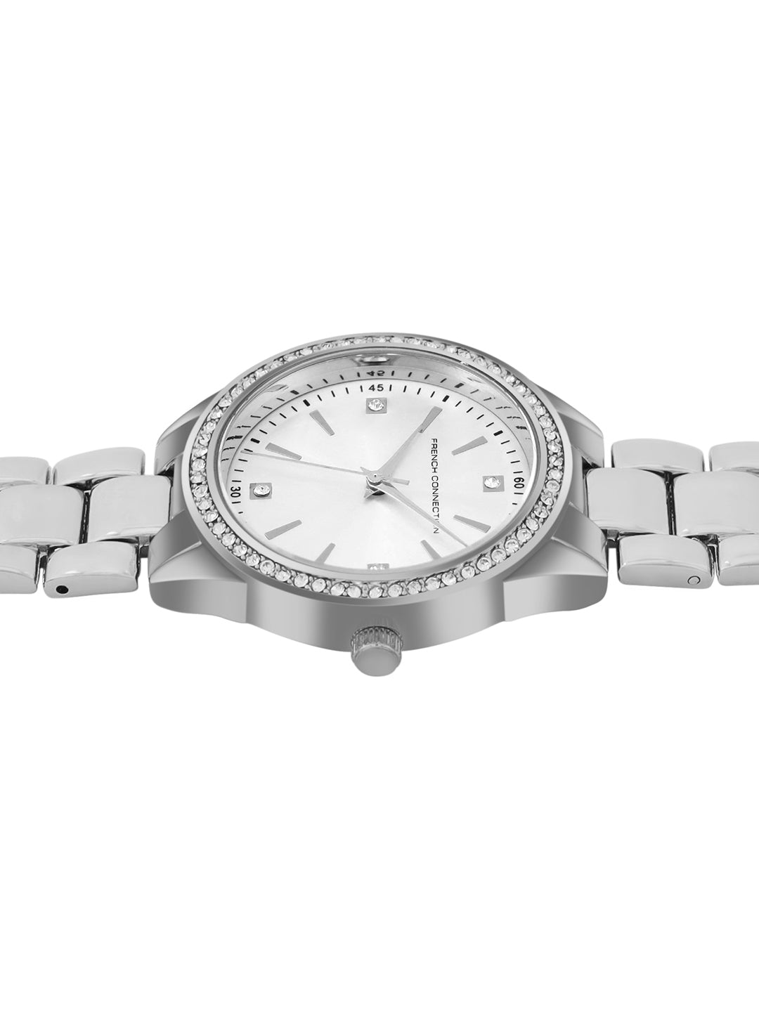 French Connection Sunray Silver Round Dial With  Steel Alloy Strap Watch - For Ladies Gift Set FCW19SM