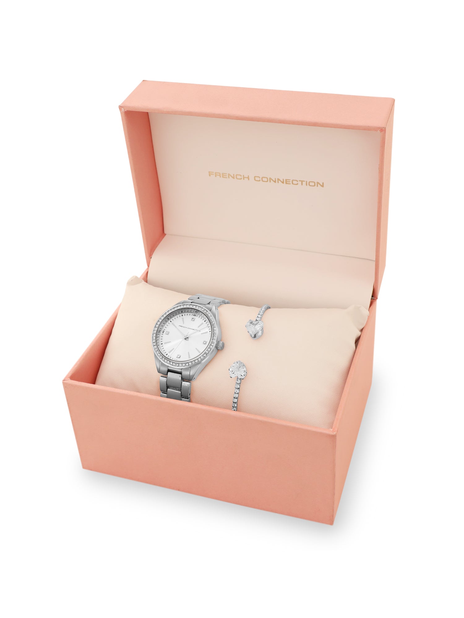 French Connection Sunray Silver Round Dial With  Steel Alloy Strap Watch - For Ladies Gift Set FCW19SM