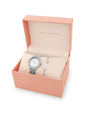 French Connection Sunray Silver Round Dial With  Steel Alloy Strap Watch - For Ladies Gift Set FCW19SM