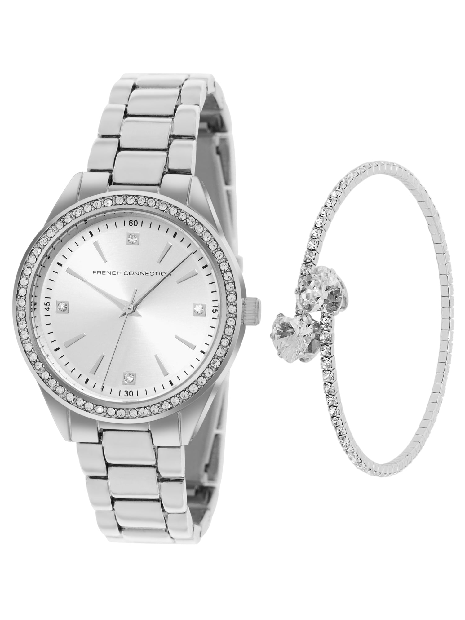 French Connection Sunray Silver Round Dial With  Steel Alloy Strap Watch - For Ladies Gift Set FCW19SM
