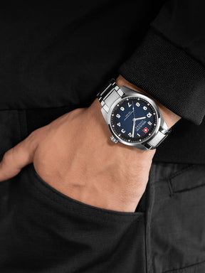 SWISS MILITARY HANOWA GREYHOUND BLUE ROUND DIAL ANALOG WATCH FOR Men's SMWGG0001504