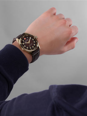 SMWGA0001551 Swiss Made Men's Watch with Brown Dial & Dark Brown Genuine Leather Strap