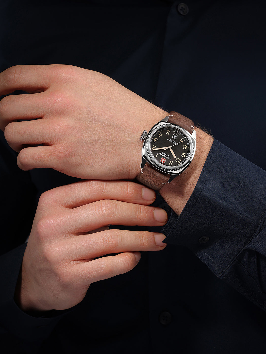 SMWGB0003701 Swiss Made Men's Watch with Black Dial & Brown Genuine Leather Pro Strap