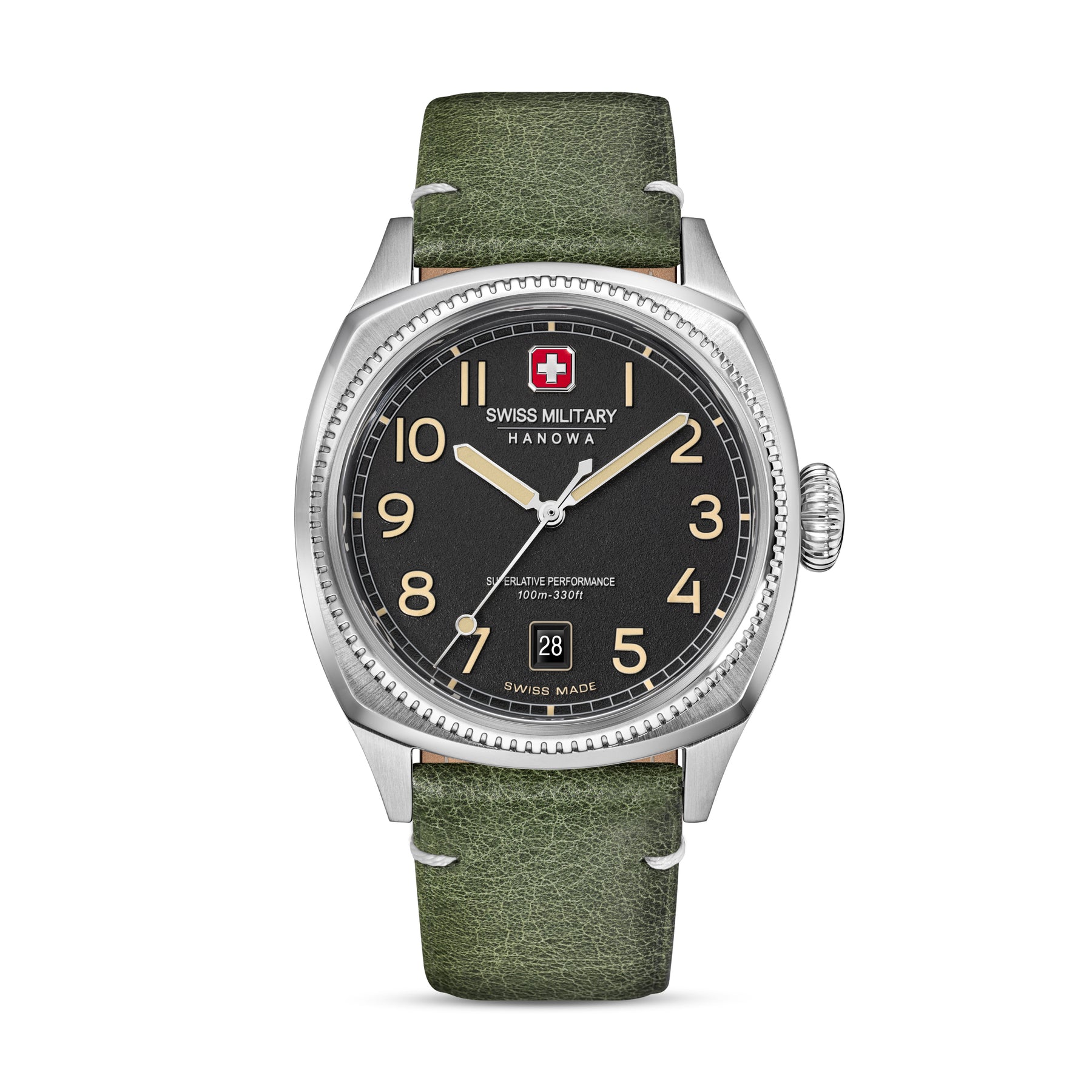 SMWGB0003703 Swiss Made Mens Watch with Black Dial & Olive Genuine Leather Pro Strap