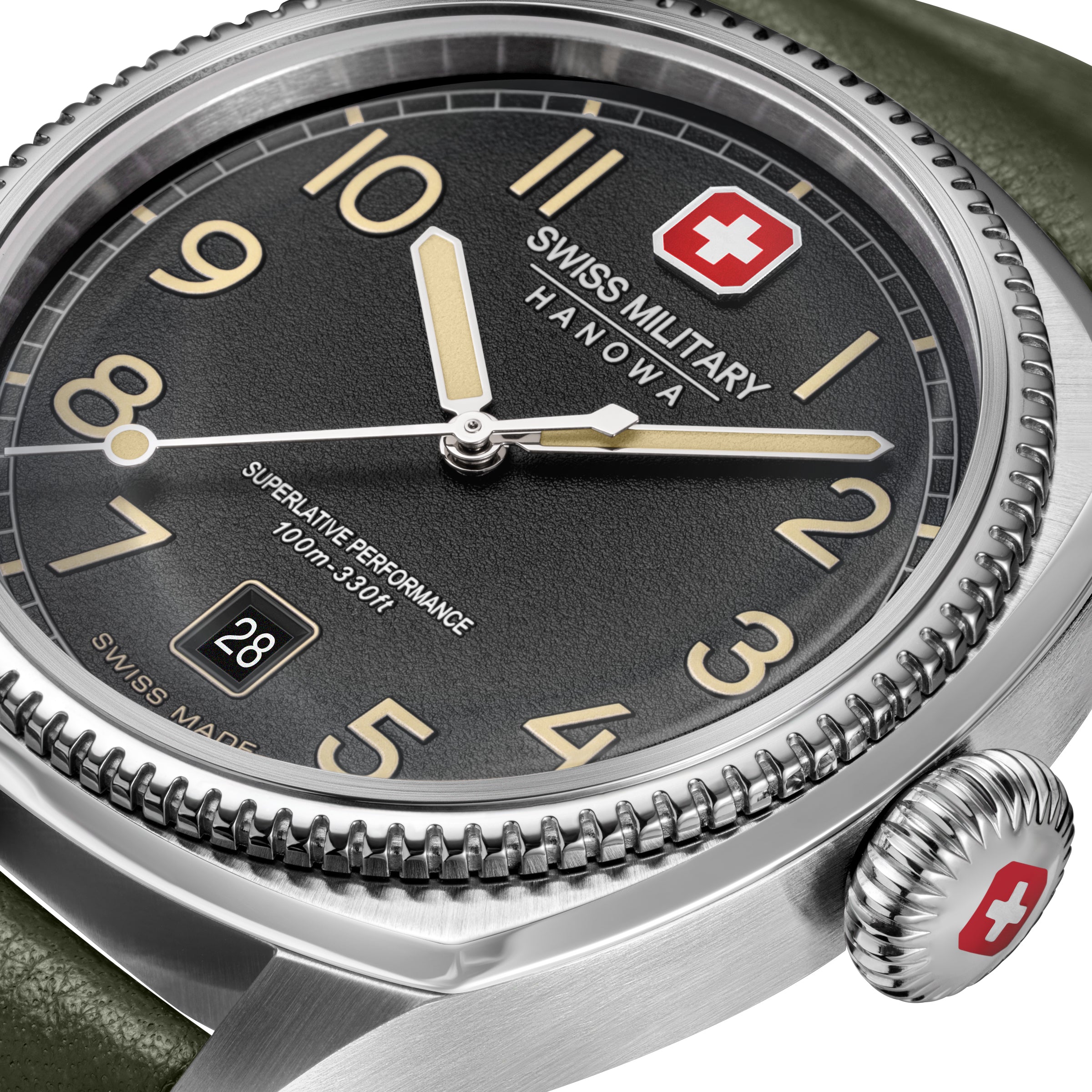 SMWGB0003703 Swiss Made Mens Watch with Black Dial & Olive Genuine Leather Pro Strap