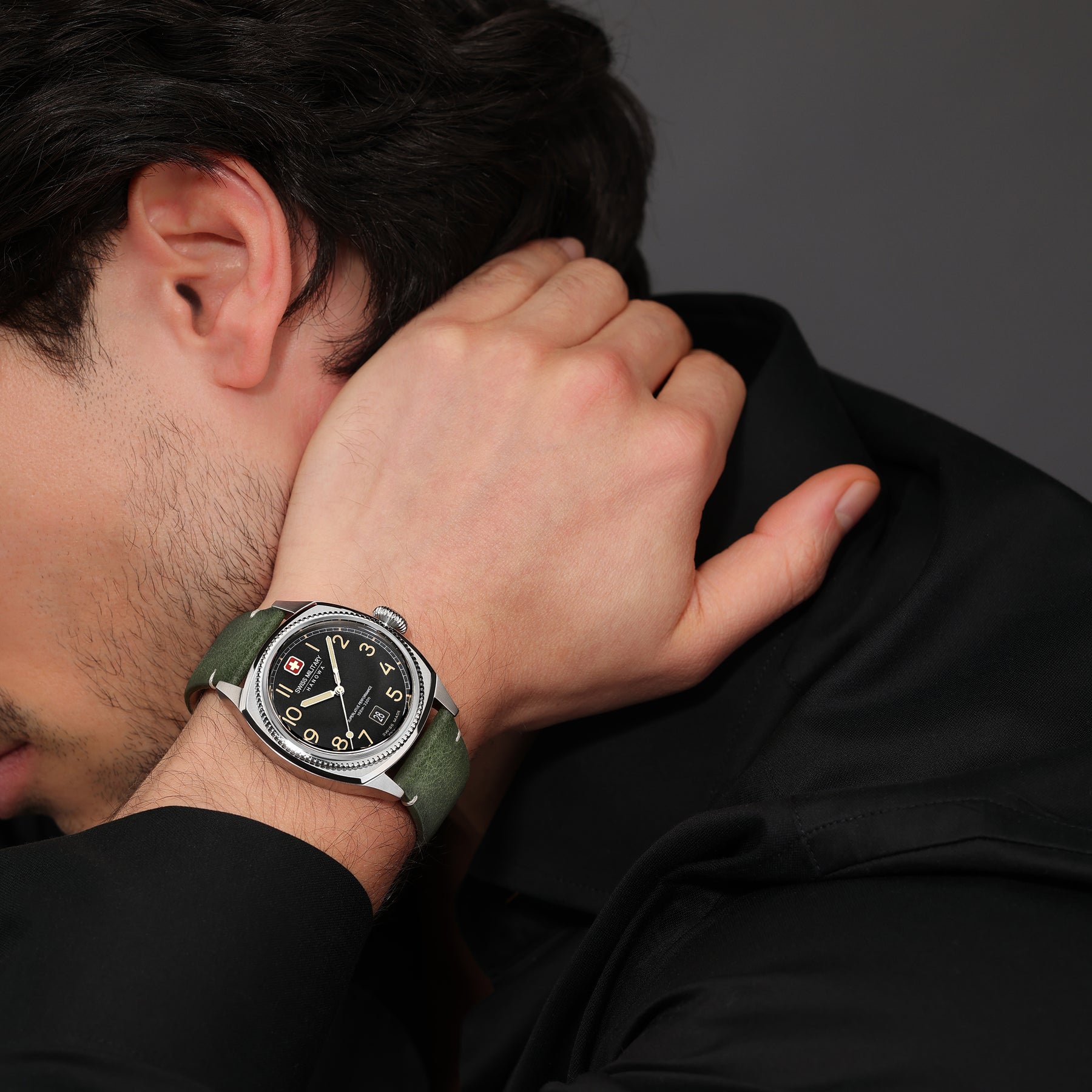 SMWGB0003703 Swiss Made Mens Watch with Black Dial & Olive Genuine Leather Pro Strap