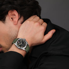 SMWGB0003703 Swiss Made Mens Watch with Black Dial & Olive Genuine Leather Pro Strap