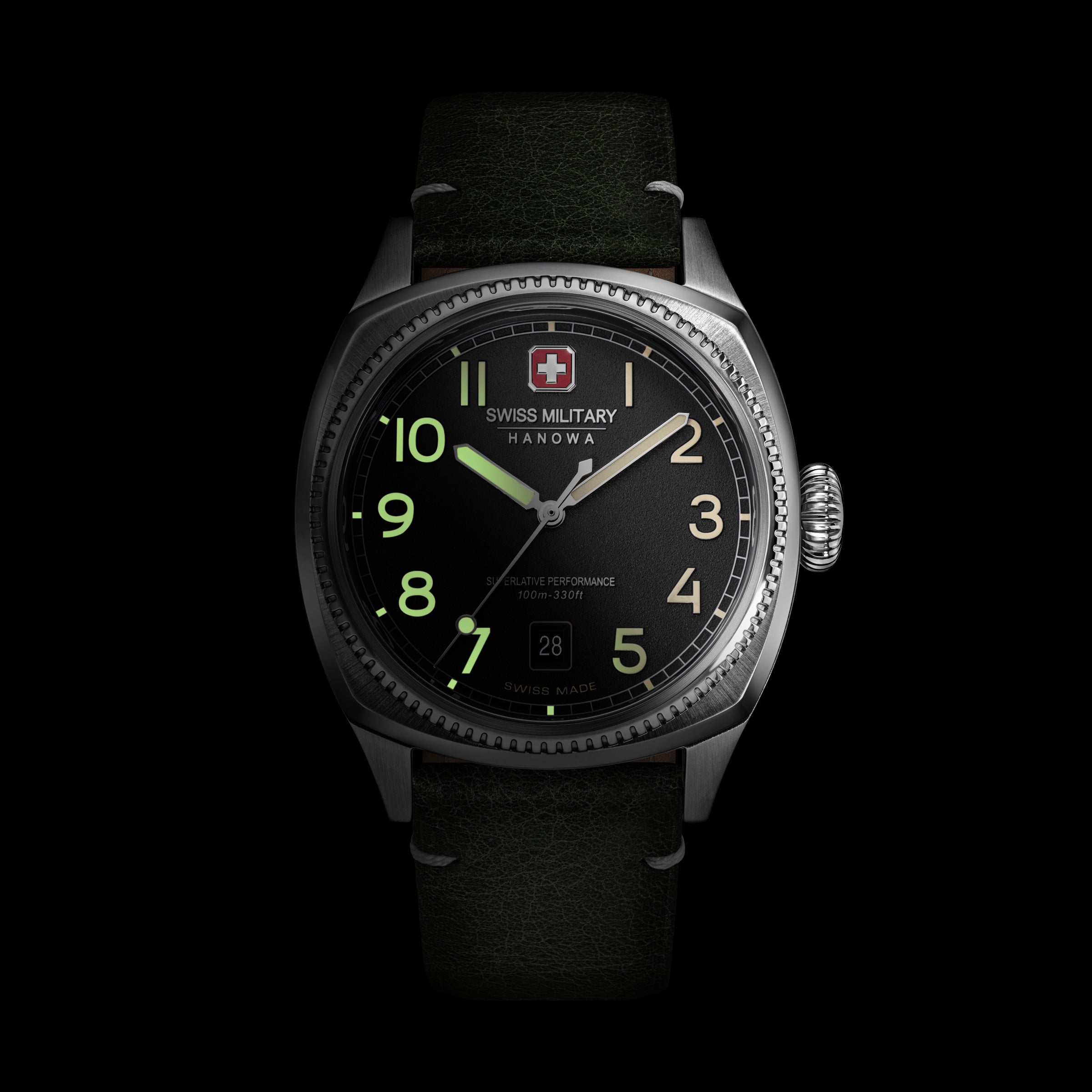 SMWGB0003703 Swiss Made Mens Watch with Black Dial & Olive Genuine Leather Pro Strap