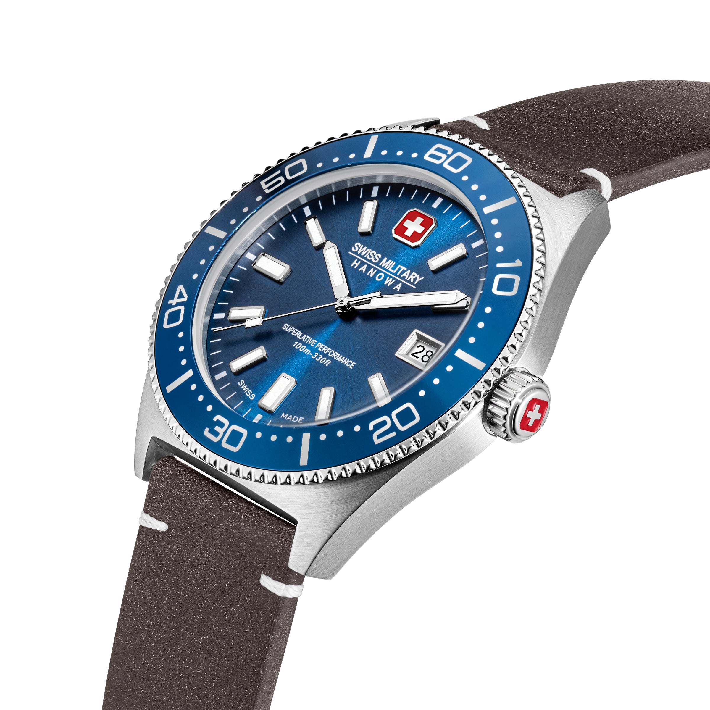 SMWGB0004902-SET Swiss Made Men's Watch with Blue Dial & Brown Genuine Leather Strap