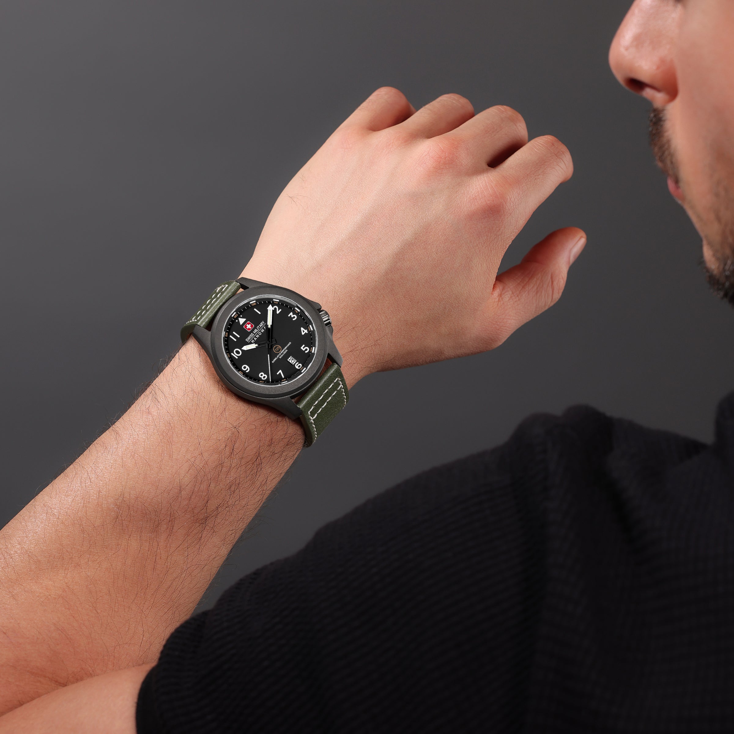 SMWGB0005240 Swiss Made Men's Watch with Black Dial & Olive Genuine Leather Strap