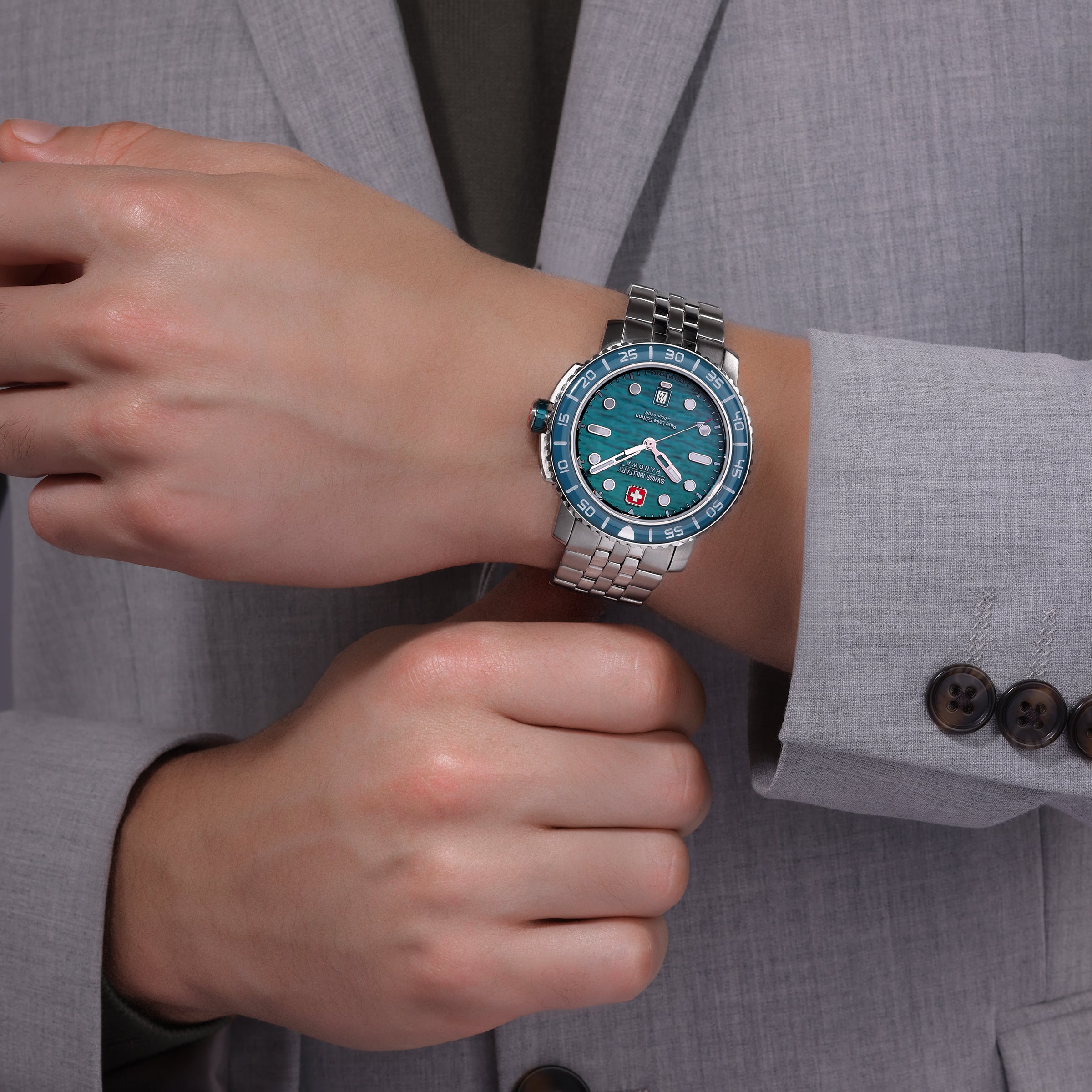 SMWGH0004501 Swiss Made Men's Watch with Green & Blue Fading Dial & Silver Stainless Steel Bracelet