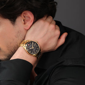 SMWGH0006010 Swiss Made Men's Watch with Black Dial & Yellow Gold Plated Stainless Steel Bracelet