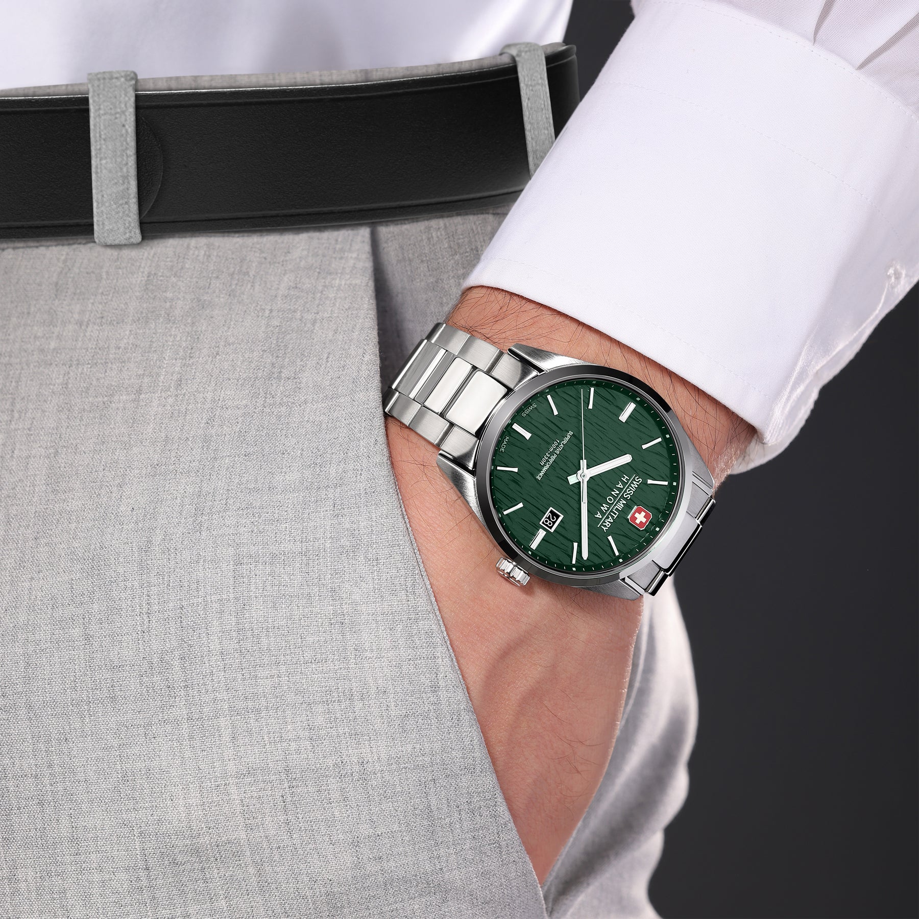 SMWGH0006101 Swiss Made Men's Watch with Green Dial & Silver Stainless Steel Bracelet